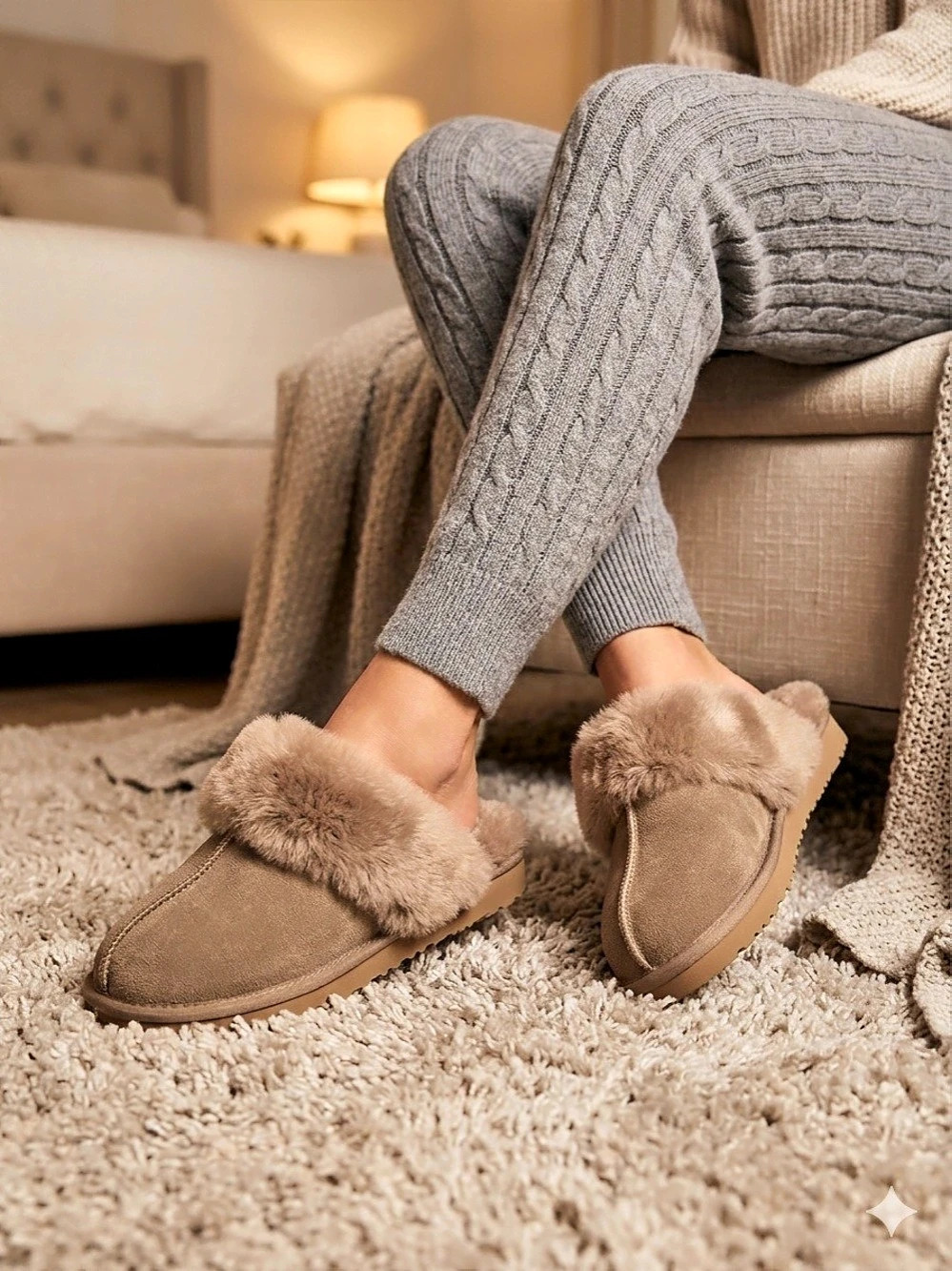 Project Cloud Faux Fur Lined Moccasin Slipper Brown Leather Slippers US 8.5 NWT